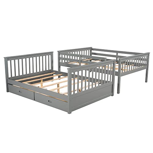 SOFTSEA Twin Over Full Bunk Bed with Slide, Solid Wood Bunk Beds with Stairs for Kids