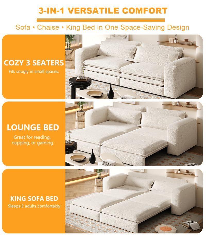 93" King Pull Out Sofa Bed, 3 in 1 Convertible Sleeper Sofa Couch, Comfy 3 Seater Sleeper Bed with 2 Pillows