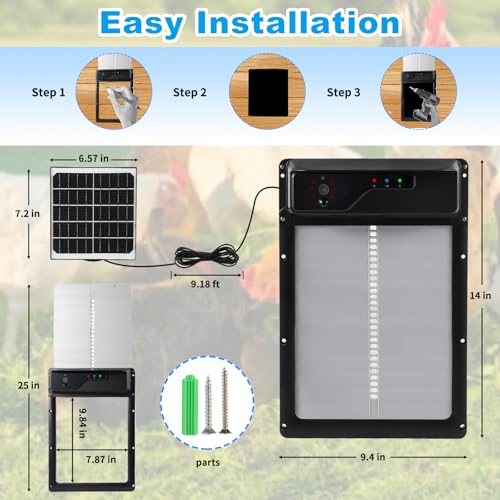 Automatic Chicken Coop Door Solar Powered USB Charging, Battery Operated, HD1080P Camera, Auto Pet Door Opener with Timer, Remote & APP Control