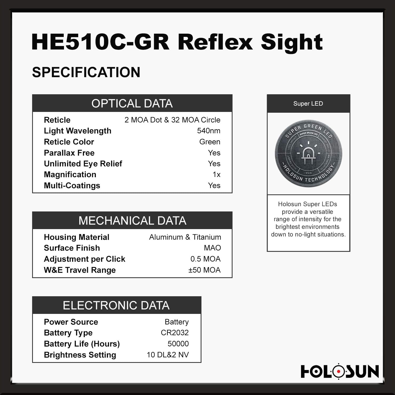 HOLOSUN - HE510C-GR Open Reflex Optical Sight with Super Green LED (2 MOA Dot, 65 MOA Circle) title