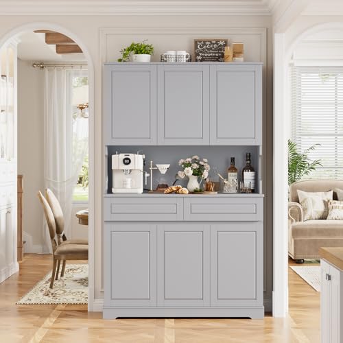 74" Pantry Cabinet, Tall Kitchen Pantry Cabinet with 6 Doors and 2 Drawers, Kitchen Hutch with Wide Countertop