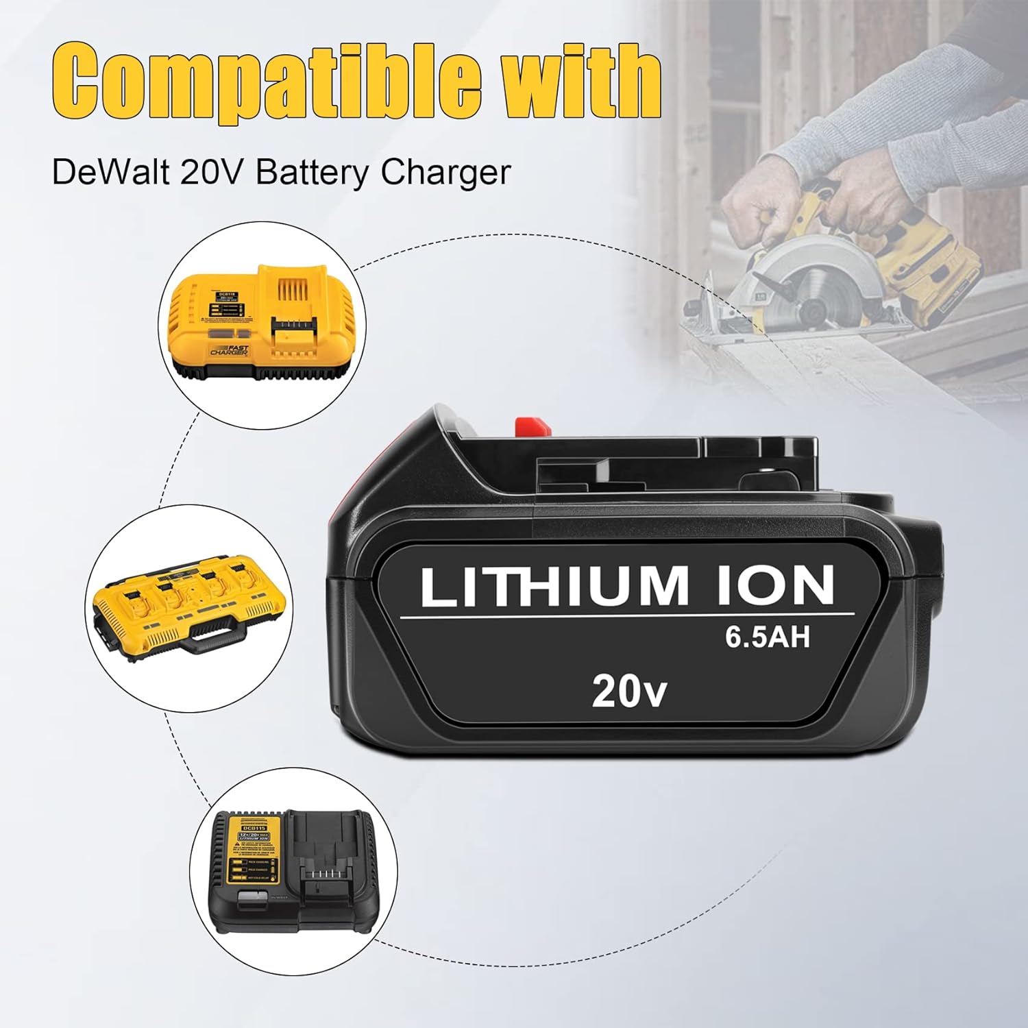 KUNLUN 2-Pack 6.5Ah 20V Battery Replacement Compatible with Dewalt 20 Volt Max XR Lithium ion Battery Pack DCB200 DCB201 DCB203 DCB205 DCB204 DCB206
