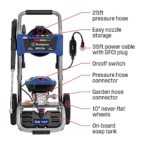 Westinghouse WPX3400e Electric Pressure Washer, 3400 Max PSI and 2.0 Max GPM, Brushless Motor, Onboard Soap Tank, Spray Gun and Wand, 5 Nozzle Set