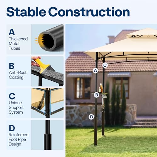 VIVOHOME 8&times;5 ft Grill Gazebo Outdoor BBQ Patio Canopy Tent with Double Tiered Vented Top & 2 Side Shelves, Beige