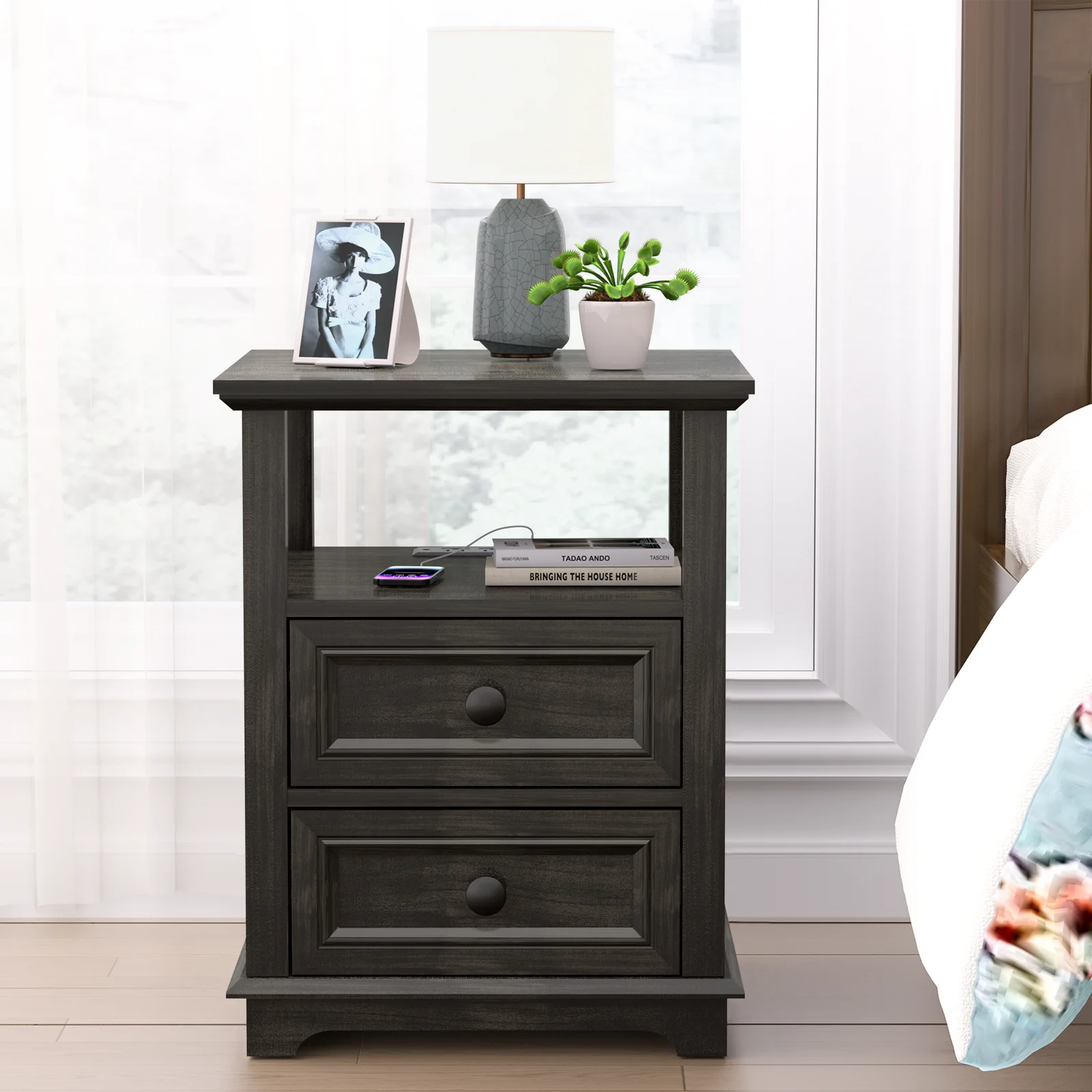 24” Tall End Table with Fast USB C Charging Station,Sofa Side Table with 2 Drawers, Large Storage Rustic Wood Square Storage Cabinet for Living Room