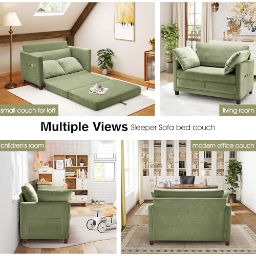 51" Loveseat Sleeper Sofa Bed, Chenille Convertible Floor Sofa Bed for Small Spaces, Folding Couch Bed with Deep Seat, 2 Pillows & Solid Frame