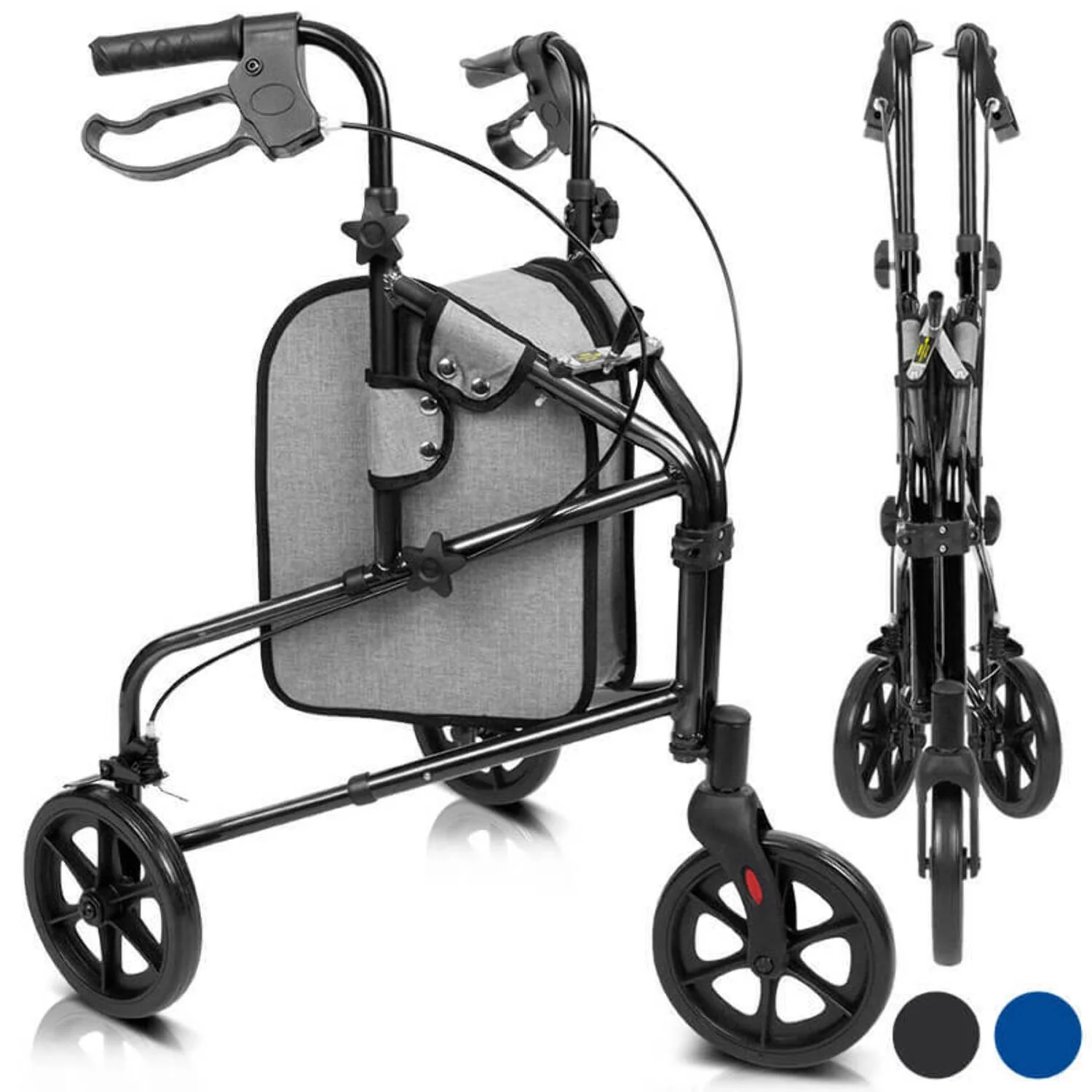 Vive 3 Wheel Walker Rollator for Senioirs - Lightweight Foldable Walking Transport, Weight Capacity 250lbs, Black - Curated Treasures Market