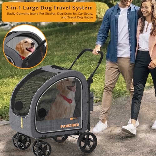 PAWZIDEA Dog Stroller for Large Dogs, Pet Stroller with Detachable Carrier for Portable Dog Crate for Car Seat, Foldable Dogs Jogger Strollers