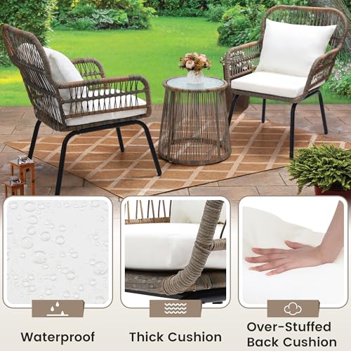 3 Piece Rattan Wicker Bistro Set, Outdoor Conversation Furniture Set with Glass Top Table, Space Saving for Balcony, Backyard, Natural