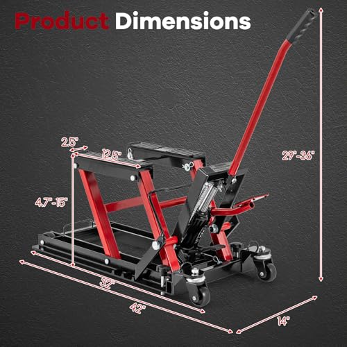 Goplus Motorcycle Lift, 1500 LBS Hydraulic ATV Scissor Jack with Footplates & Long Handle, 2 Ratchet Belts, 4 Wheels, 4.7”-15” Lifting Range