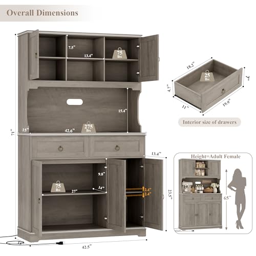 HOSTACK Large Kitchen Pantry Cabinet with Charging Station, 71" Kitchen Hutch Cabinet with Storage Drawers and Countertop