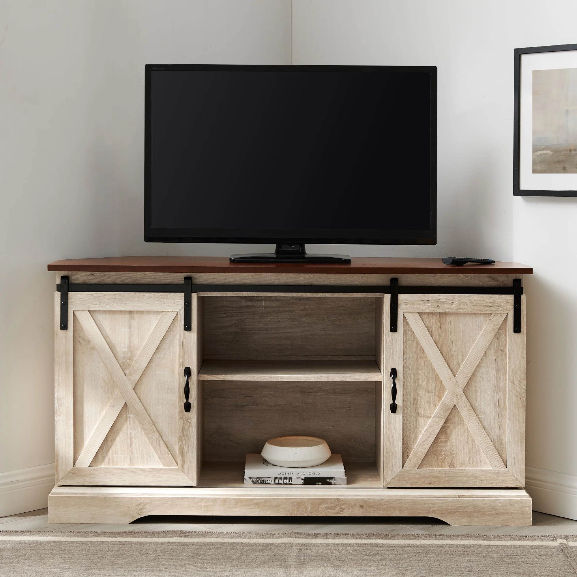 Walker Edison Modern Farmhouse Sliding Door Corner TV Stand, White Oak