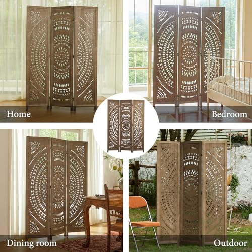 66.9Inch Folding Room Divider, 6 Panels Wood Carved Privacy Screens