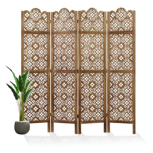 68.9Inch Folding Room Divider, 4 Panels Wood Carved Privacy Screens - Ideal Decorative Partition for Home, Office, Restaurant, Bedroom (Dark Brown)