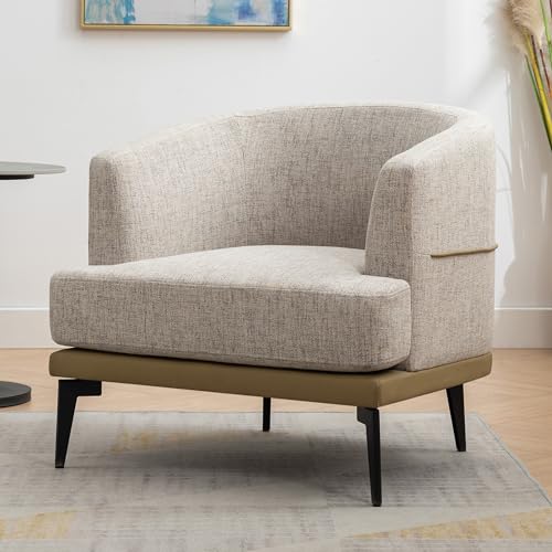 Modern 2 Tone Accent Barrel Chair with Linen and PU, Thick Cushion, Metal Legs