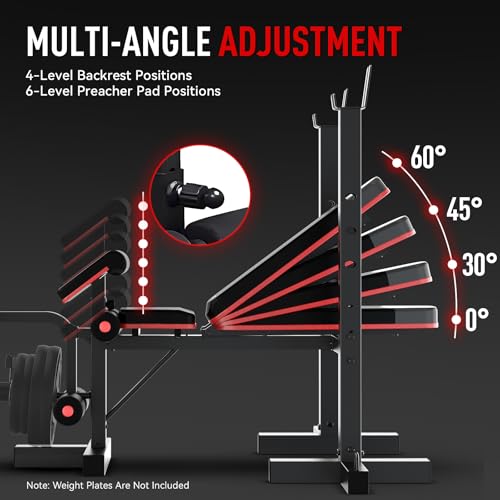 HARISON 6 in 1 Weight Bench Set with Leg Extension and Preacher Curl, 660LBS Workout Bench Press Rack for Home Gym with Resistance Bands