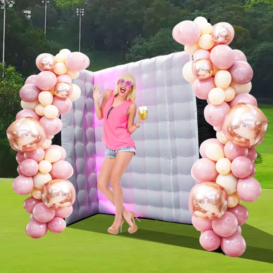 White Inflatable Photo Booth Wall with Led Lights(16 Colors Changing), Inflatable Tent(8.3x4x8.3 ft) Inner Air Blower for Parties Anniversary Events
