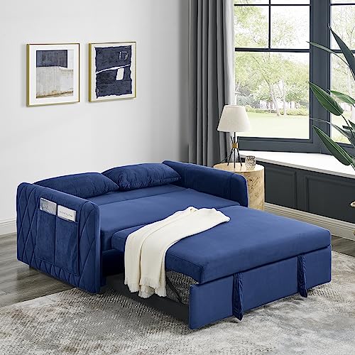 Pull Out Sofa Bed, Velvet Sleeper Sofa Loveseat Sofa Bed, Futon Sofa Bed Lounge Sofa with Reclining Backrest, Toss Pillows, Pockets