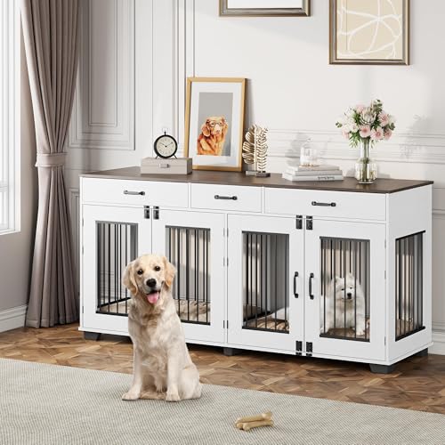 Dog Crate Furniture for 2 Dogs, 71'' XXL Indoor Dog Kennel with 3 Drawers and Removable Room Divider