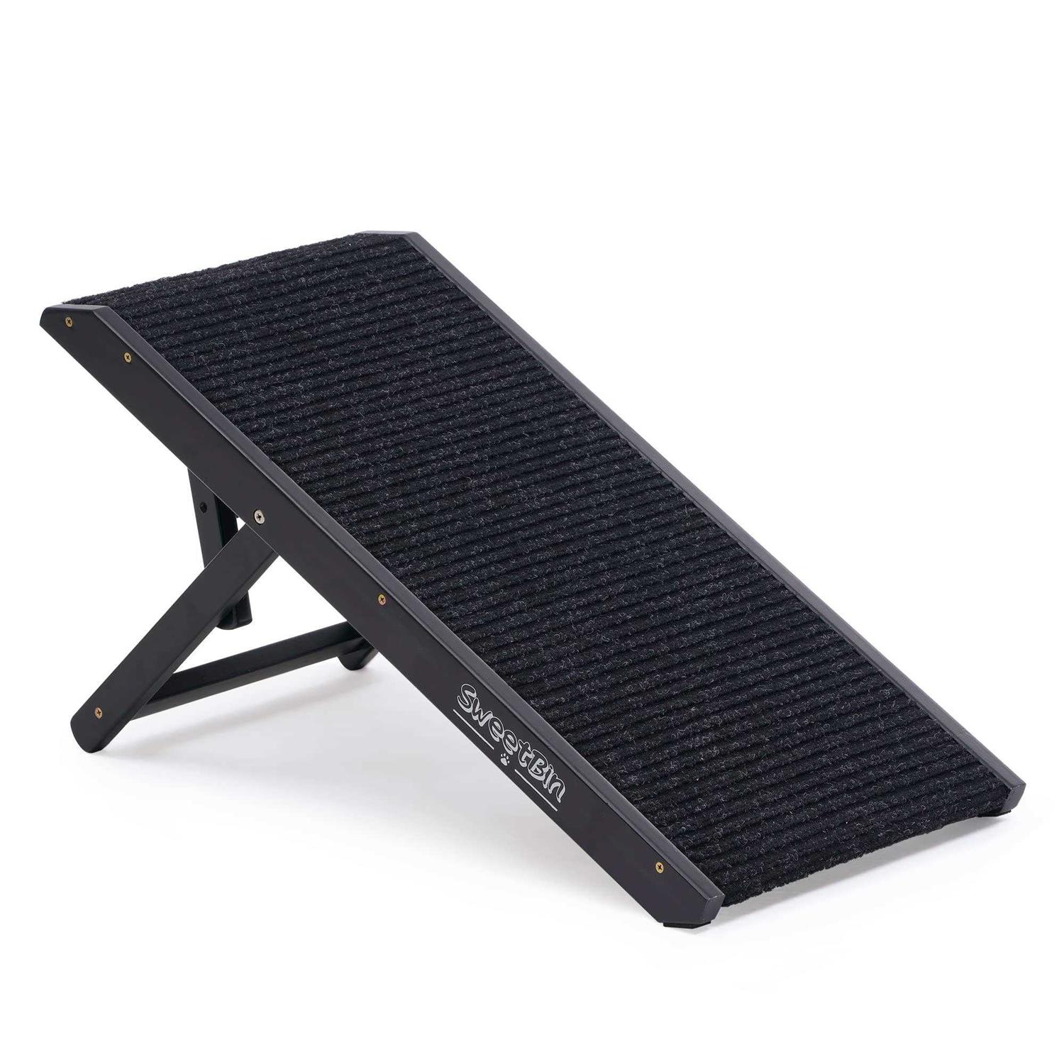 Sweetbin 18 Tall Adjustable Pet Ramp Small Dog Use Only Wooden Folding Portable Dog &amp; Cat Ramp Perfect for Couch or Bed with Non Slip Carpet