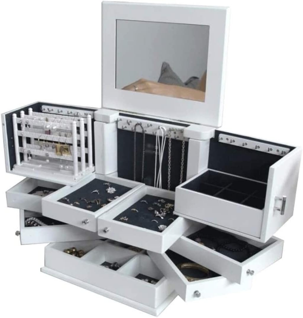 Jewellery Box Jewellery Box Jewellery Organiser Wooden Jewelry Box With Mirror Lid 5-Layer Jewelry Armoire Ring(Bianco 31 * 23.5 * 32cm)
