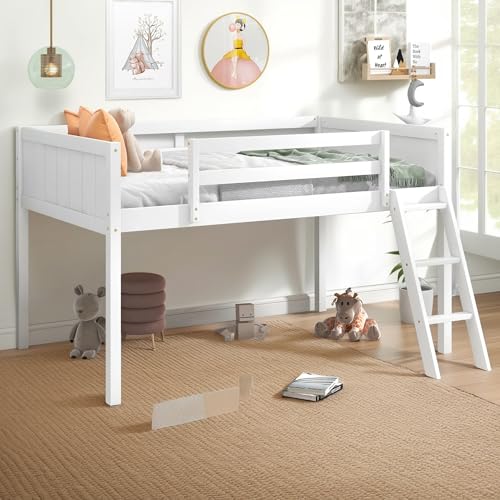 Full Size Loft Bed with L-Shaped Desk, Wardrobe and Storage Shelves, Solid Wood Bedframe w/Safety Guardrails & Ladder for Kids Teens Adults