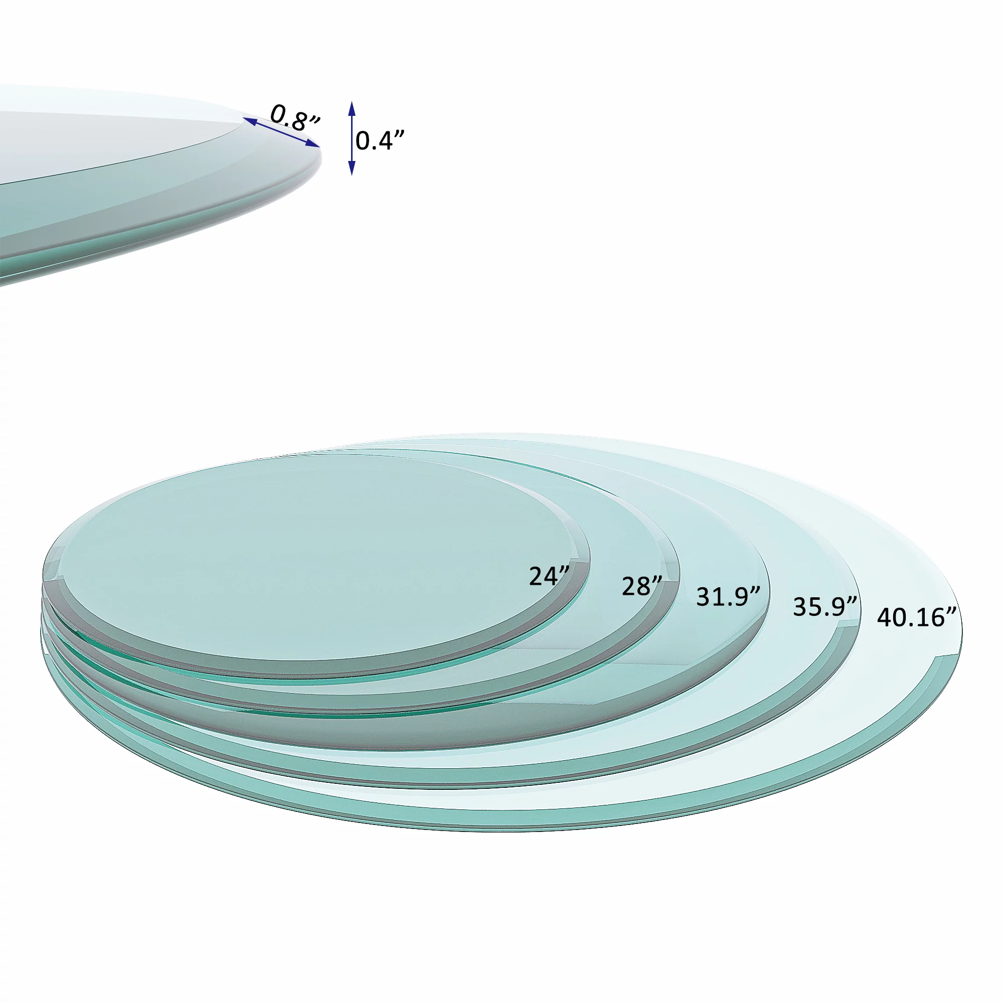 40'' Modern Round Tempered Glass Table Top, Clear Glass 2/5" inch Thick Beveled Polished Edge