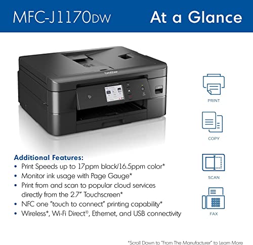 Brother MFC-J1170DW Wireless Color Inkjet All-in-One Printer, NFC One-Touch Print, Duplex, Cloud Print & Scan, Mobile App Control, 2.7" Touchscreen
