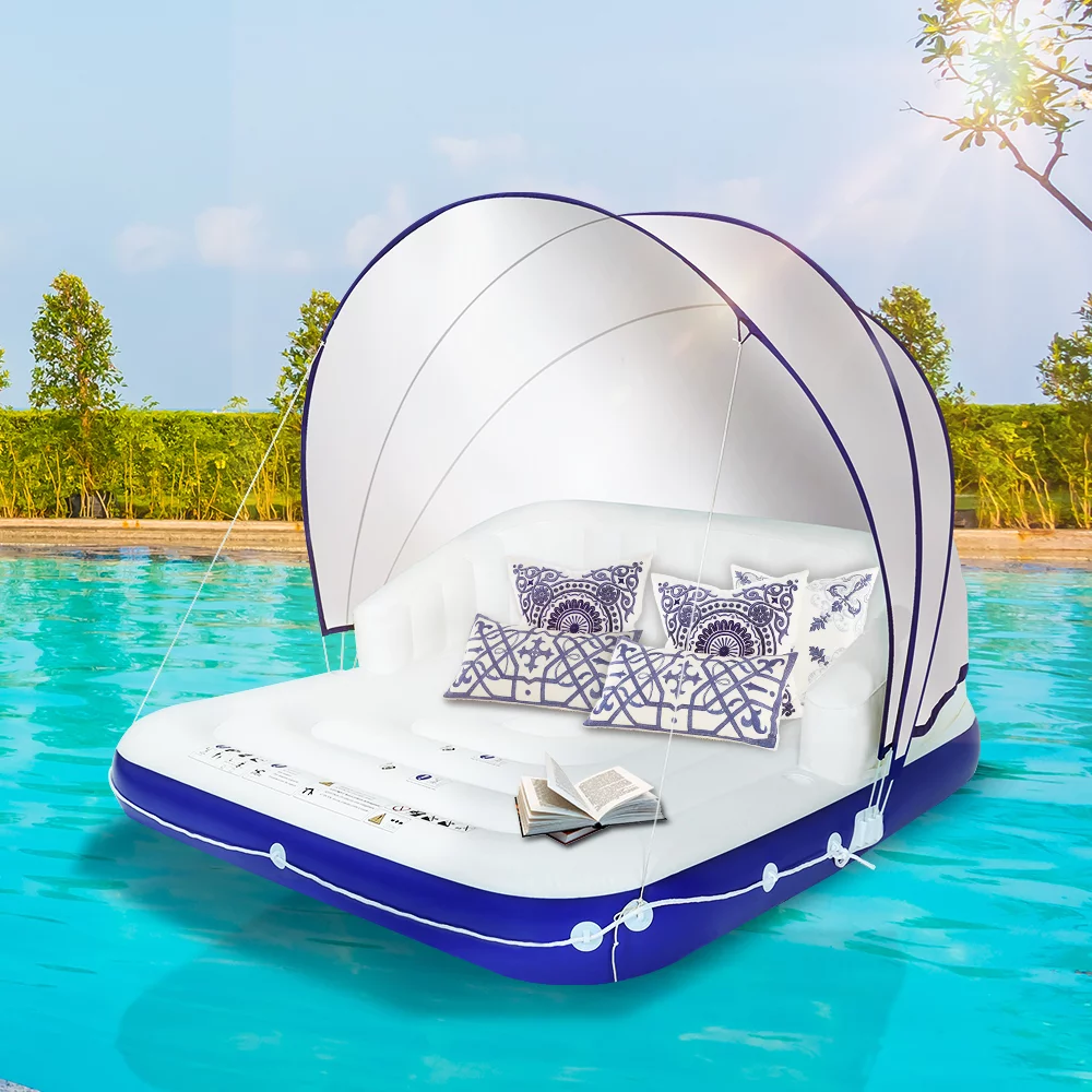ELECWISH Inflatable Pool Float 2-3 Person Giant Pool Float Lounge with UPF50 Retractable Canopy and Cup Holder Swimming Raft Floating Island