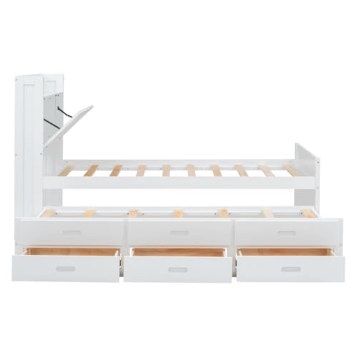 Harper & Bright Designs Twin Size Captain Platform Bed with Bookcase Headboard, Wood Twin Bed Frame with Storage Drawers and Shelves