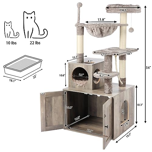Cat Tree with Litter Box Enclosure, 2-in-1 Cat Tower for Indoor Cats, Large Wood Cat Condo with Basket, Scratching Posts, Pompoms, Rustic Brown