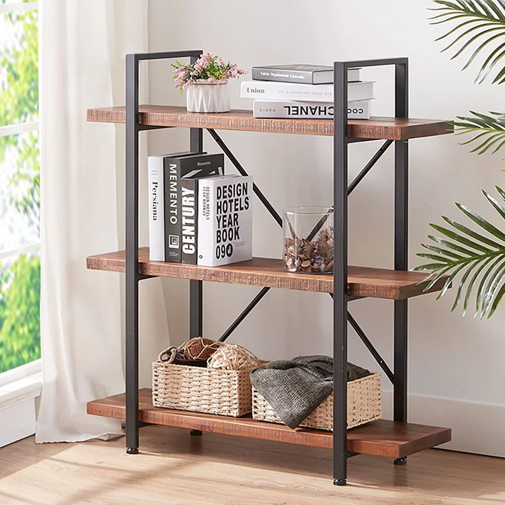 sell well 4 Tier Natural Real Wood Bookshelf  4 Shelf Rustic Solid Wooden and Metal Bookcase  Farmhouse Open Vintage Industrial Etagere Book Shelf