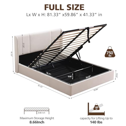 VELOCAVA Queen Size Lift Up Storage Bed with Modern Wingback Headboard, Upholstered Platform Bed with Fabric with Hydraulic Support Bars
