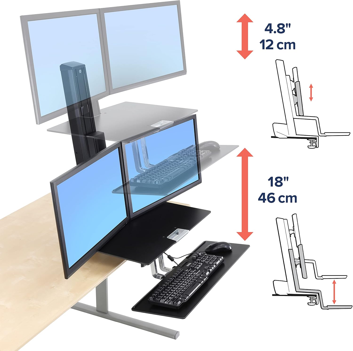 Ergotron – WorkFit-S Dual Monitor Standing Desk Converter, Sit Stand Workstation for Tabletops – with Worksurface, Black