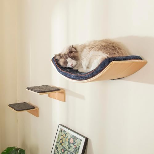 Cat Wall Shelf with Two Steps - Wave Cat Shelves and Perches for Wall - Wall Mounted Cats Furniture for Sleeping, Playing, Climbing, and Lounging
