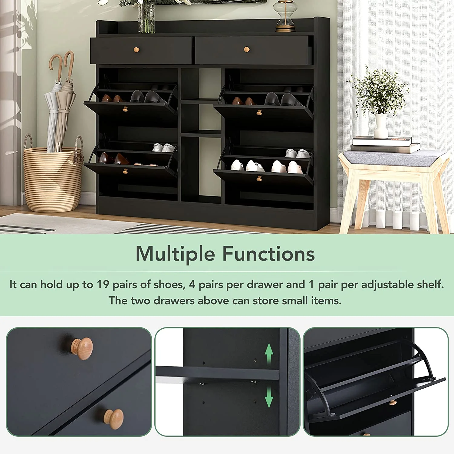 FJU Modern Shoe Storage Cabinet Organizer with 4 Flip Drawers and Adjustable Shelf, Hidden Rack, Hold up to 19 Pairs