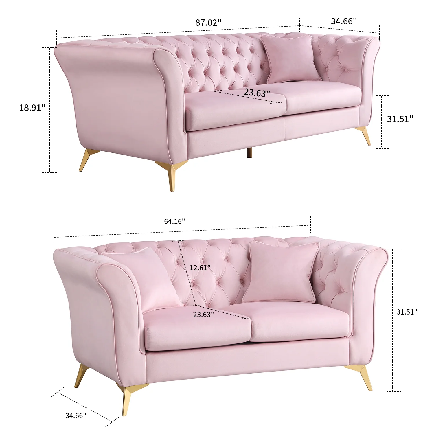 Modern and Elegant Style 2-piece Velvet Fabric Upholstered Sofa with 4 Pillows, Button Tufted Design and Metal Legs for Living Room, Bedroom, Office