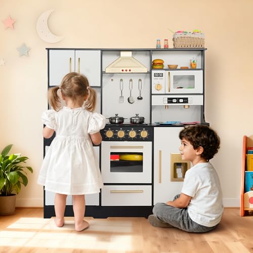 Kinder King Wooden Kids Play Kitchen, Toy Kitchen Playset for Toddler, Play Kitchen Set w/Real Sounds, Pretend Coffee Machine, Kitchen Hood, Sink