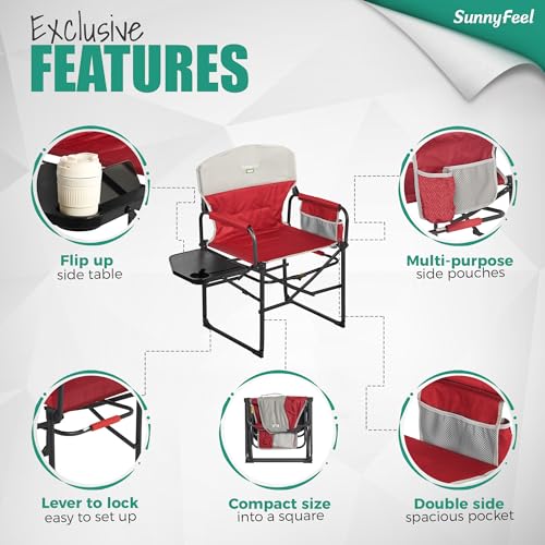 SUNNYFEEL Oversized Camping Directors Chair 2 Pack, Portable Folding Lawn Chairs for Adults Heavy Duty with Side Table,Pocket for Beach, Fishing