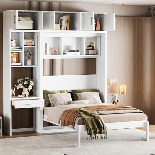 LZ LEISURE ZONE Full Size Murphy Bed, Wood Space Saving Foldable Wall Bed with Desk, Top Cabinet and Storage Shelves, White