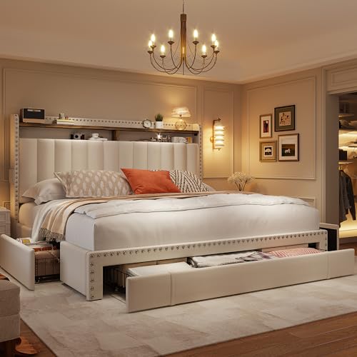 EnHomee Queen Bed Frame with 3 Storage Drawers, Upholstered Bed Frame Queen Size with 2-Tier Storage Headboard, Wooden Slats, No Box Spring Needed