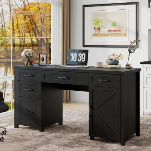 Farmhouse 61'' Executive Desk with 5 Drawers, Rustic Office Desk Computer Desk with Charging Station, File Drawers and Storage Cabinet