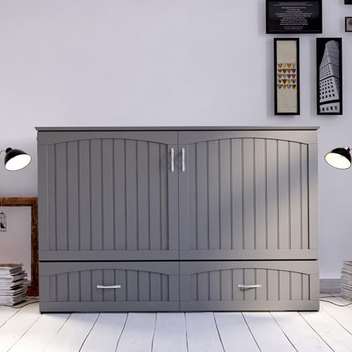 AFI Southampton Queen Murphy Bed Chest with Mattress, Storage, and Built-in Charger in Grey