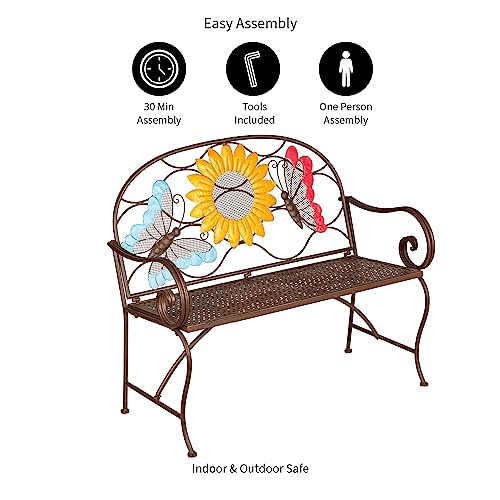 Evergreen Garden Sunflower Garden Bench Outdoors & Indoors | Cast Iron Metal Patio Bench | Outdoor Seating Furniture | Seats for Park, Porch, Deck