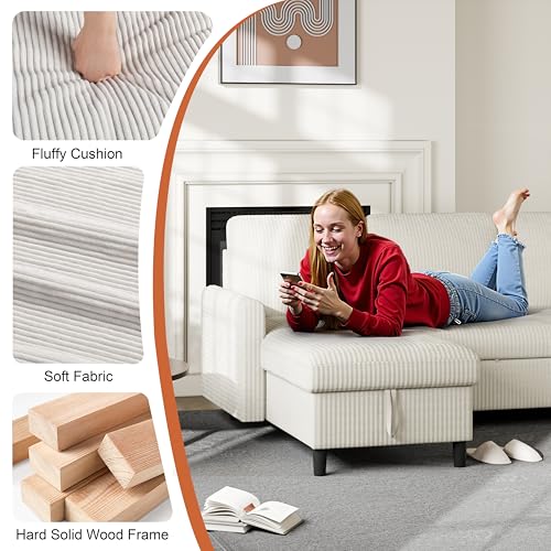 Vongrasig Convertible Sleeper Sofa, Pull Out Couch with Storage, 77" L-Shaped Sofa Bed with Storage Chaise Corduroy Fabric for Living Room, Apartment