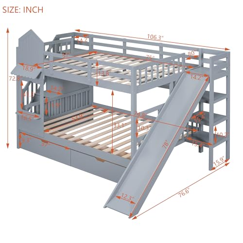 SOFTSEA Twin Over Twin Bunk Bed with Slide and Storage Solid Wood Bunk Bed Frame with Staircase and Drawers, Pink