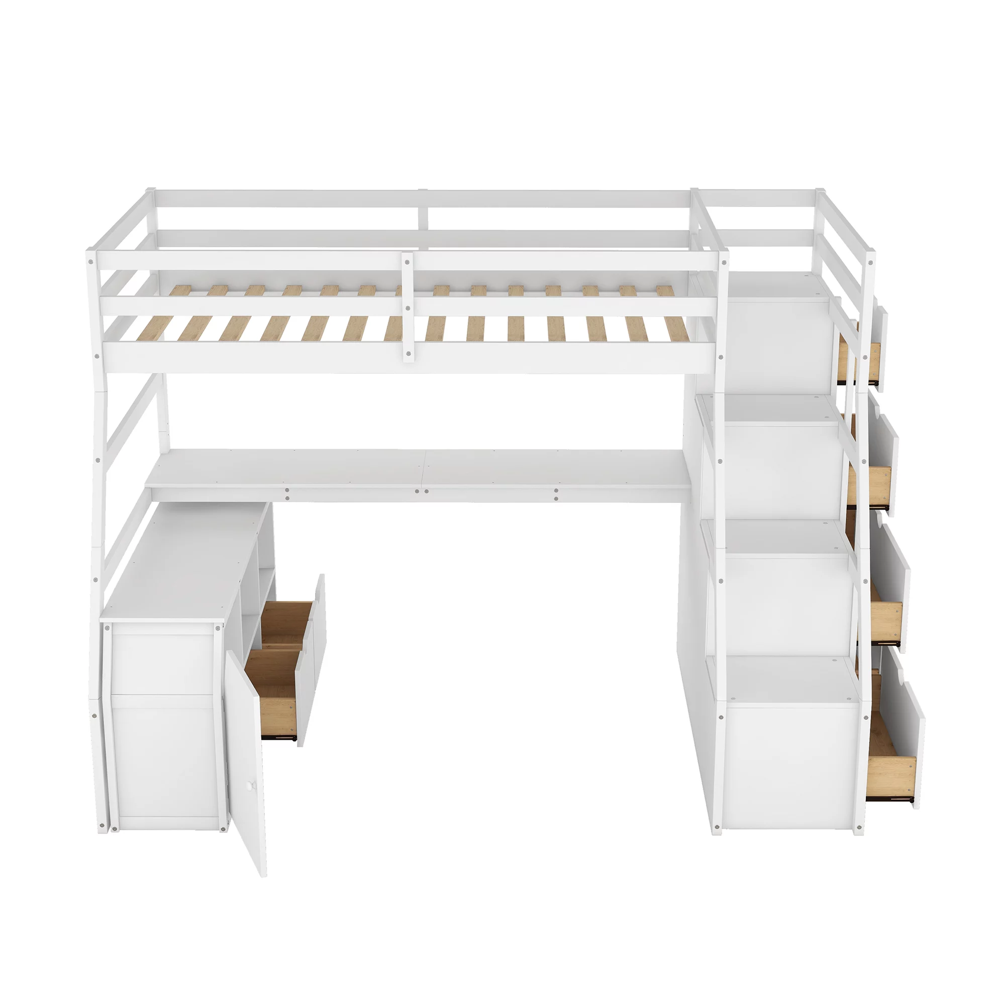 Twin Size Loft Bed Frame with 7 Drawers 2 Shelves and Desk, Health and Comfort Storage Shelves and Writing Desk, Wooden Loft Beds with Stairway
