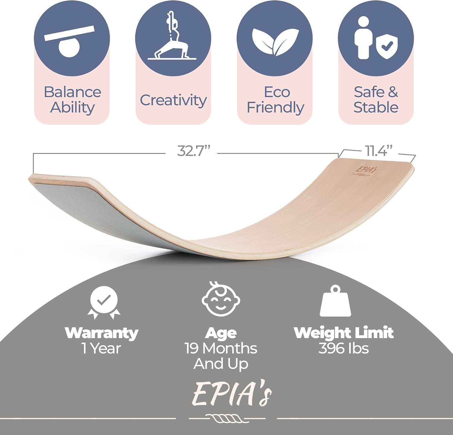 Epia's Wooden Wobble Balance Board - For Kids and Adults - Natural Beech Wood Open Ended Montessori Preschool Learning - Physical Therapy Board