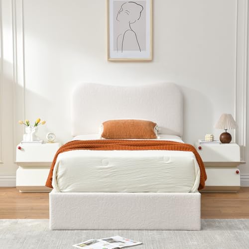 VELOCAVA Queen Size Lift-Up Storage Bed, Upholstered Boucle Bed with Curved Headboard, Rounded Corners, Sturdy Wooden Slat Support