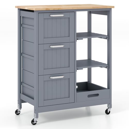 Kitchen Island, Rolling Storage Cart with Drawers & Removable Tray, Wood Storage Cart on Wheels with Countertop & 3 Tier Shelves